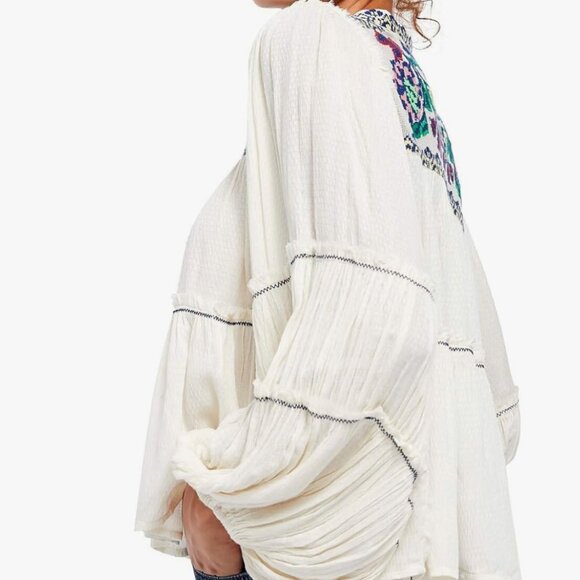 Free People Womens Embroidered Bishop Sleeves Blouse Size XL - Picture 3 of 7